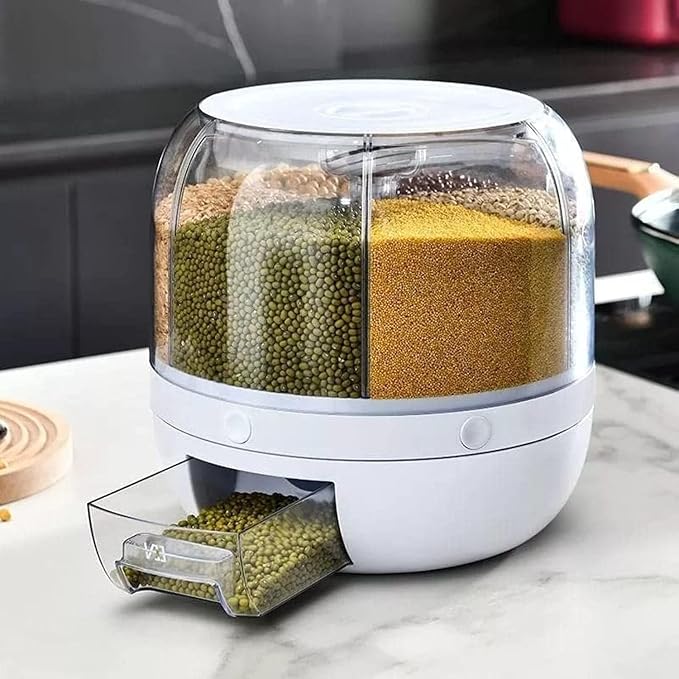 6-Grid Rotating Food Dispenser Polypropylene Cereal Dispenser 3 to 6 kg Rotating Rice Bucket Rice Storage Tank Containers (White)