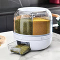 6-Grid Rotating Food Dispenser Polypropylene Cereal Dispenser 3 to 6 kg Rotating Rice Bucket Rice Storage Tank Containers (White)