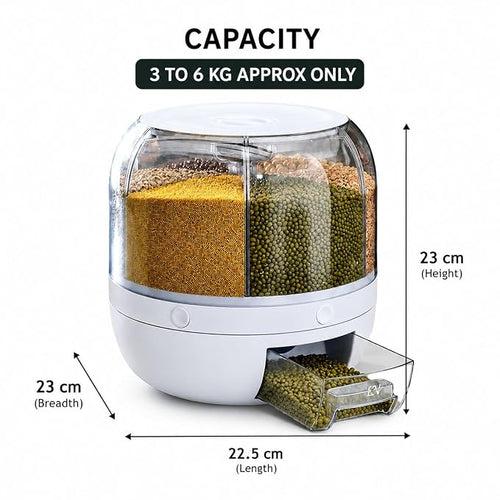6-Grid Rotating Food Dispenser Polypropylene Cereal Dispenser 3 to 6 kg Rotating Rice Bucket Rice Storage Tank Containers (White)