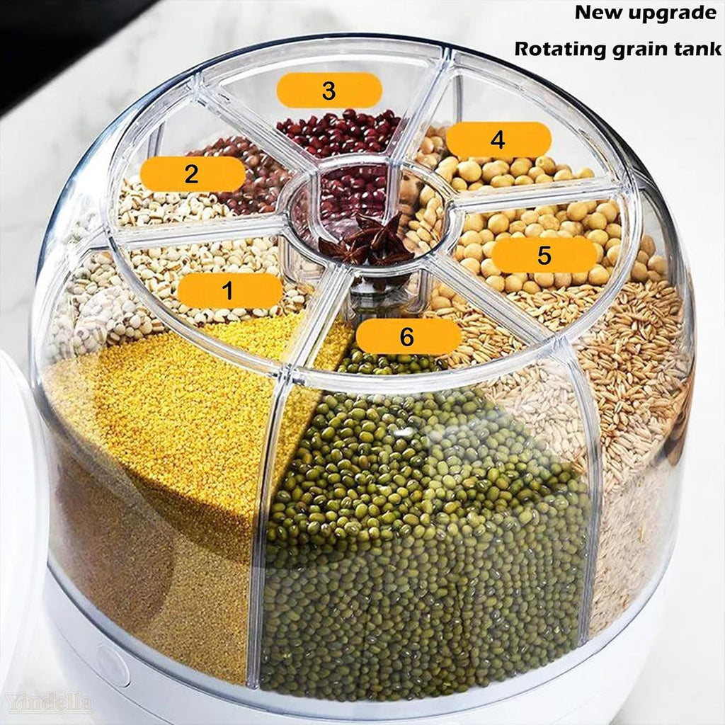 6-Grid Rotating Food Dispenser Polypropylene Cereal Dispenser 3 to 6 kg Rotating Rice Bucket Rice Storage Tank Containers (White)