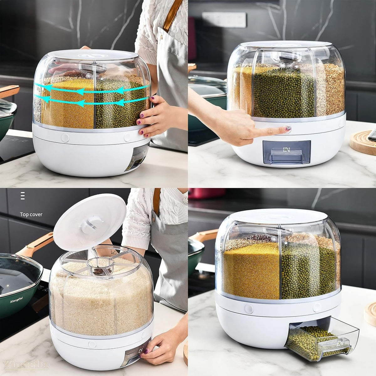 6-Grid Rotating Food Dispenser Polypropylene Cereal Dispenser 3 to 6 kg Rotating Rice Bucket Rice Storage Tank Containers (White)
